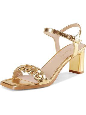 Women’s Gold Strappy Chunky Block Heel Square Toe Adjustable Ankle Strap Sandal